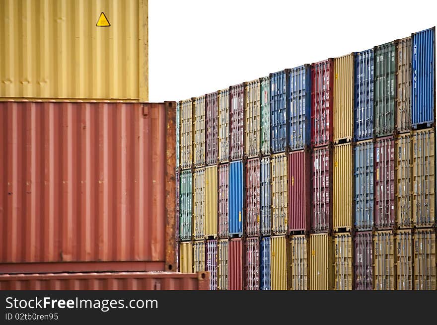 Colored containers and stacked waiting to be transported