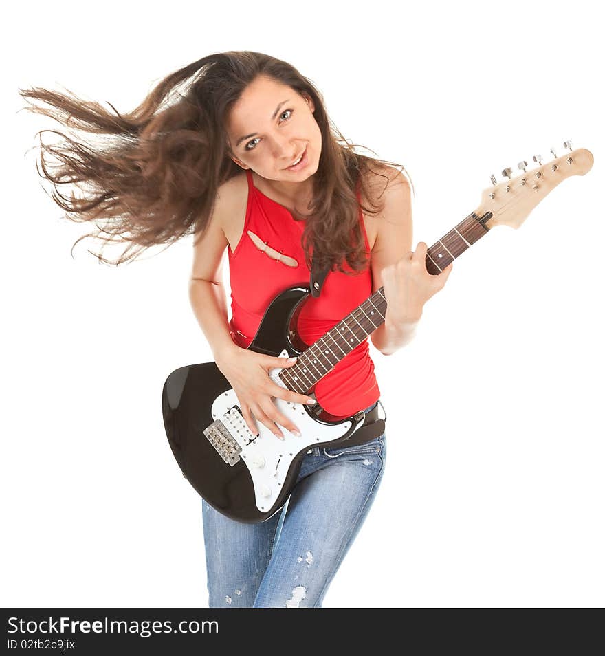 Girl with a guitar on a white background. Figure in motion.