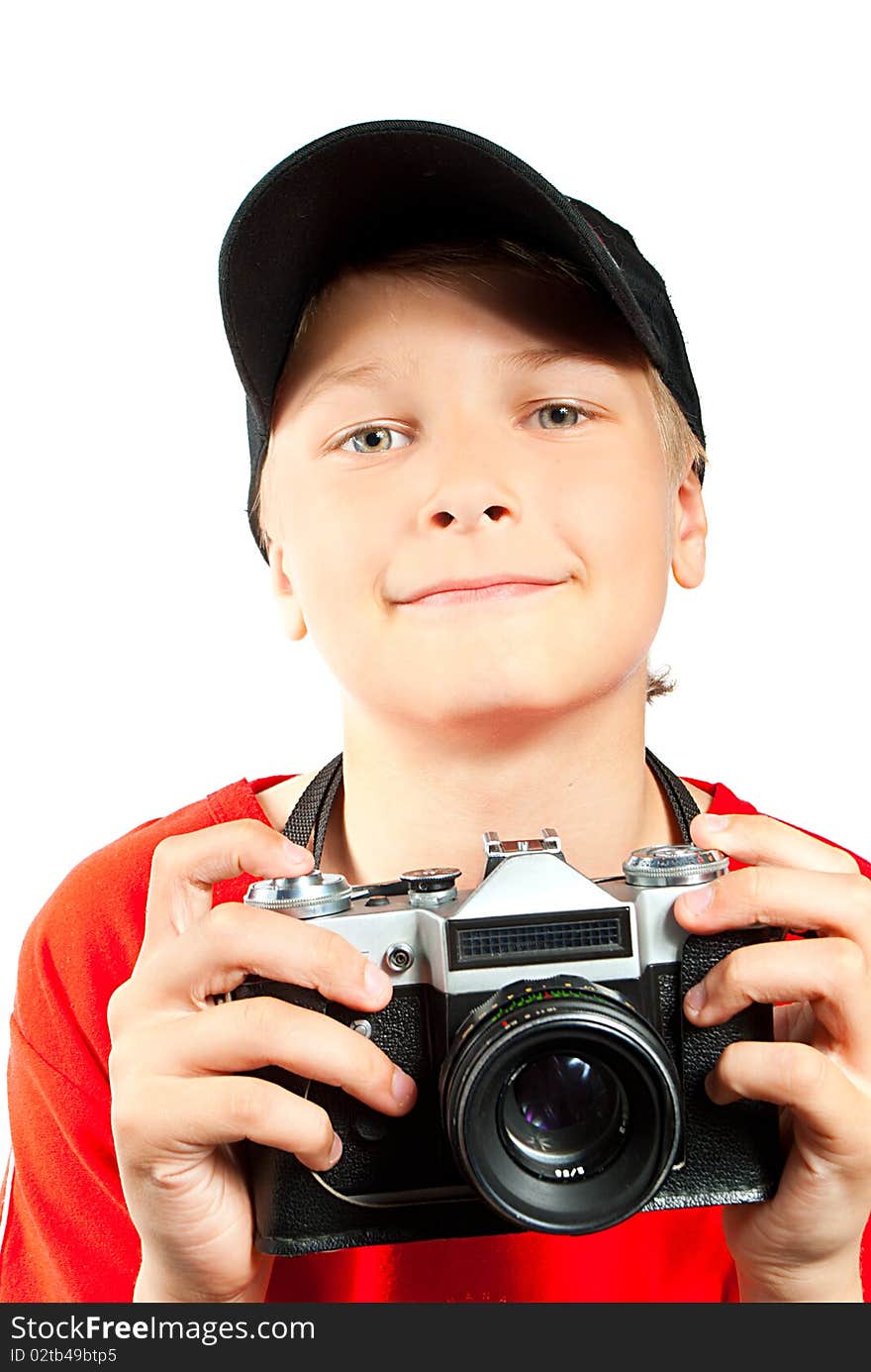 Professional photographer isolated on white. Portrait of young teenager