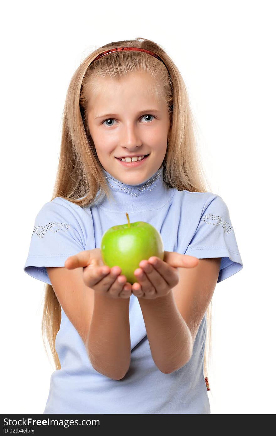 Girl with green apple on white background. Girl with green apple on white background