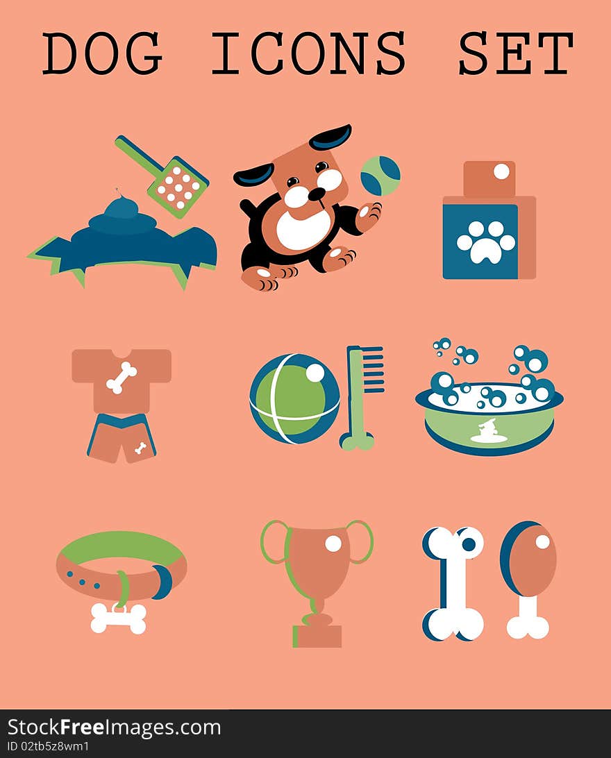 Pet icons set vector doggy health, fun, food