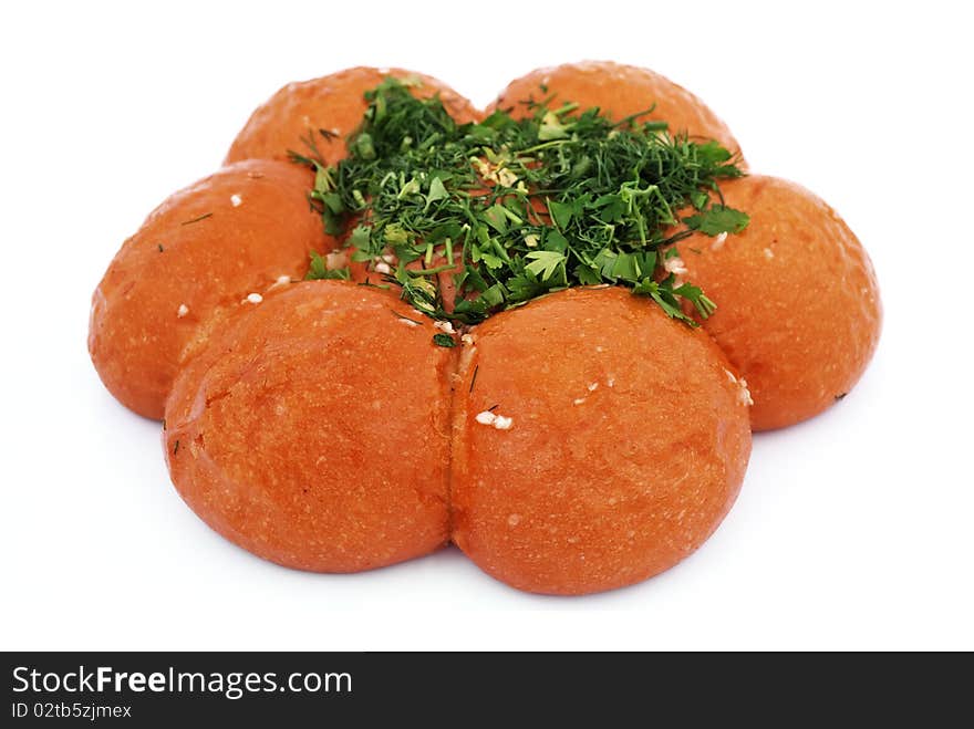 Buns with garlic and parsley on a white background