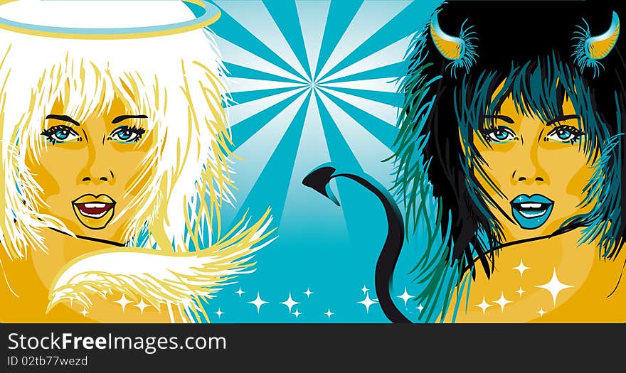 Angel and Devil beautiful Woman portraits with close up face vector background. Angel and Devil beautiful Woman portraits with close up face vector background