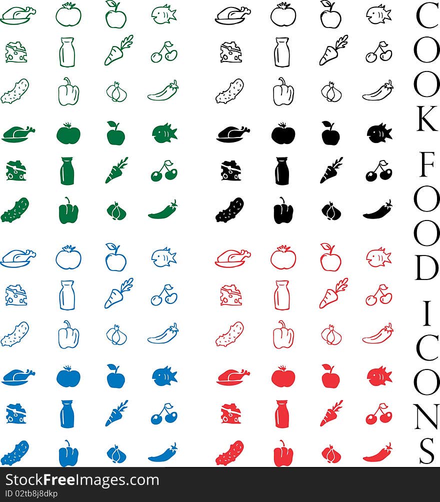 Cook food icons vector set silhouettes