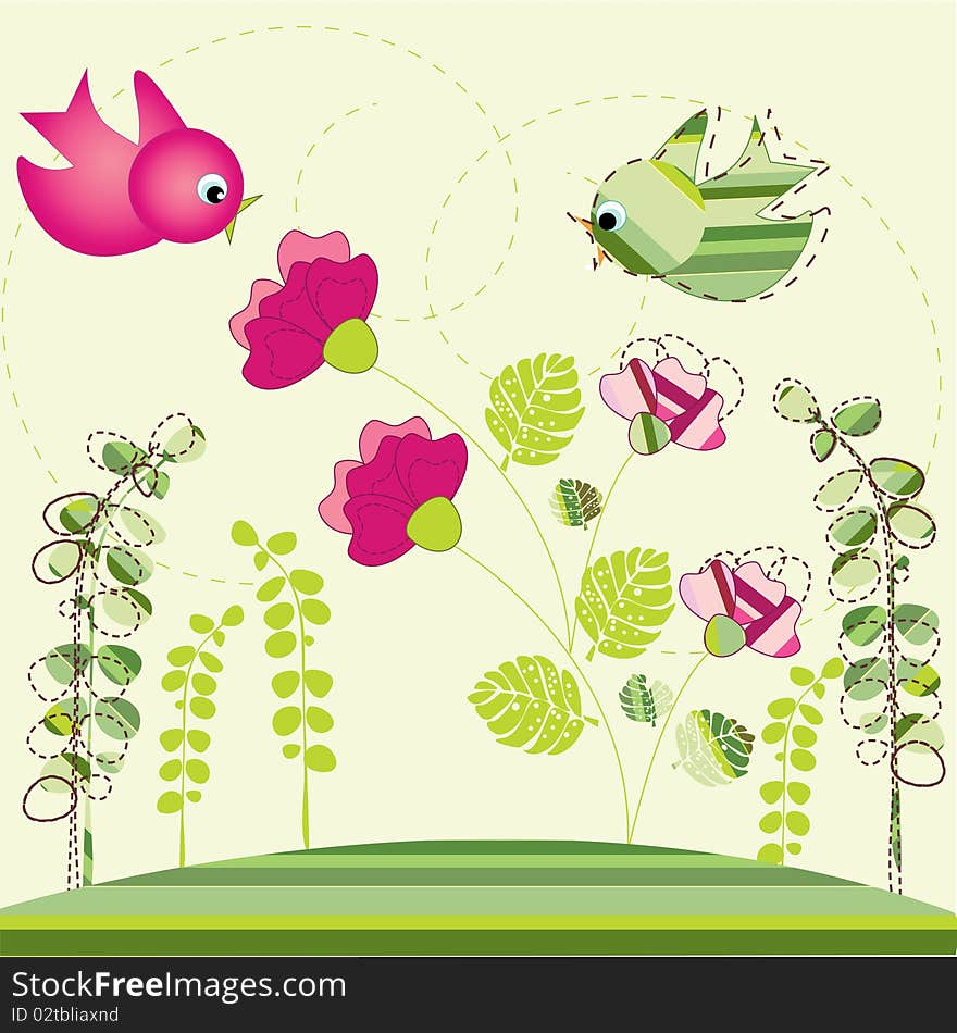 Vector background with stylised flowers and birds. Vector background with stylised flowers and birds