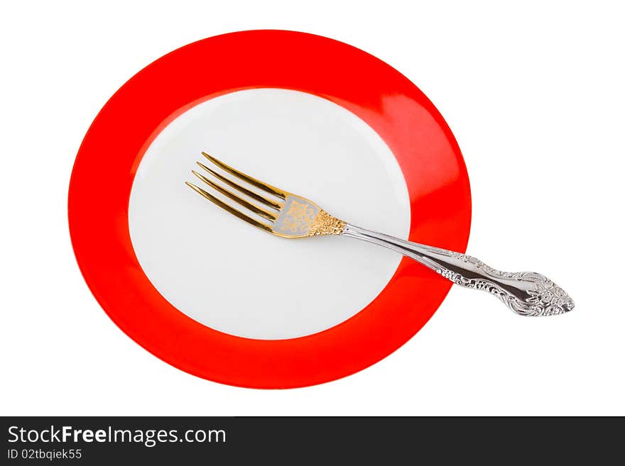 Plate and fork isolated on white background