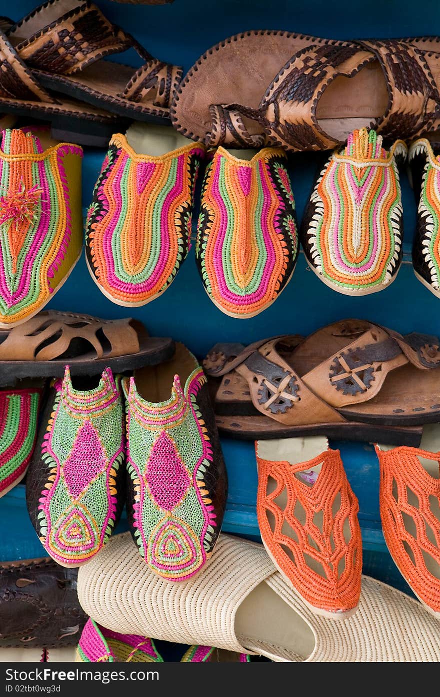 Various traditional Moroccan shoes in market