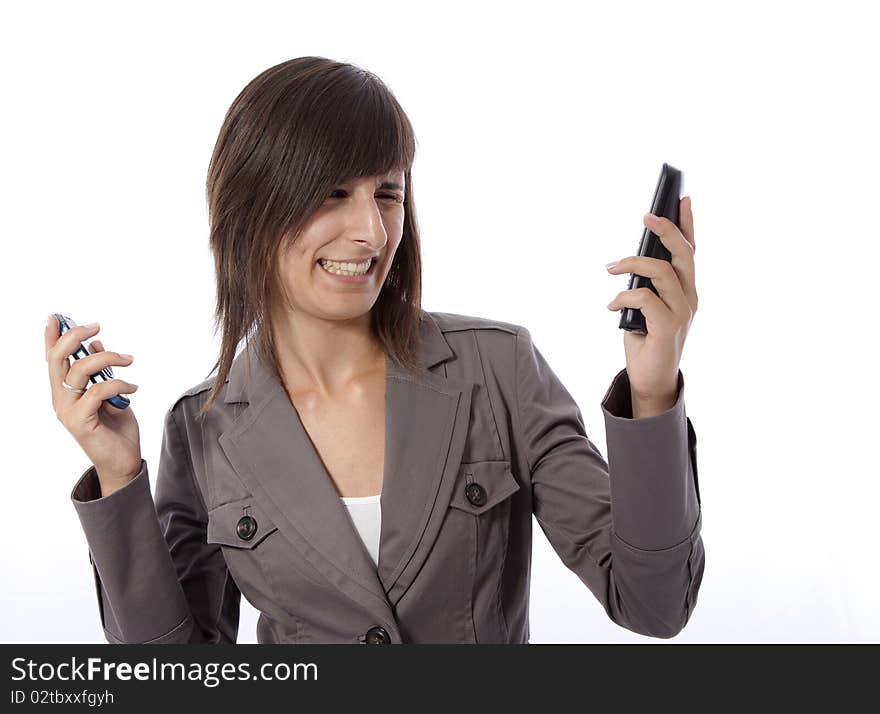 This photo shows a business woman talking on the phone.