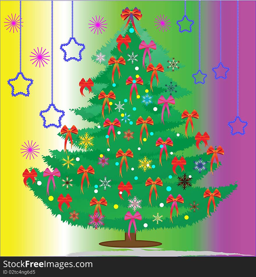 The New Year tree decorated with red bows. Vector illustration