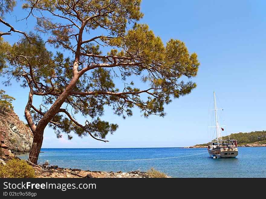 Ship in blue bay