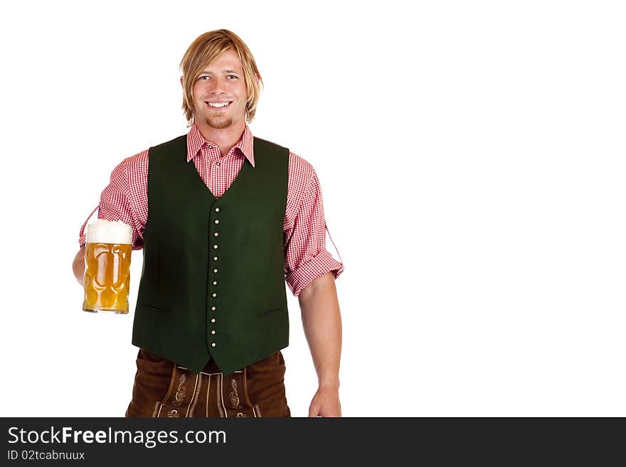 Bavarian man with leather trousers (lederhose) holds oktoberfest beer stein in hand. Isolated on white background. Bavarian man with leather trousers (lederhose) holds oktoberfest beer stein in hand. Isolated on white background.