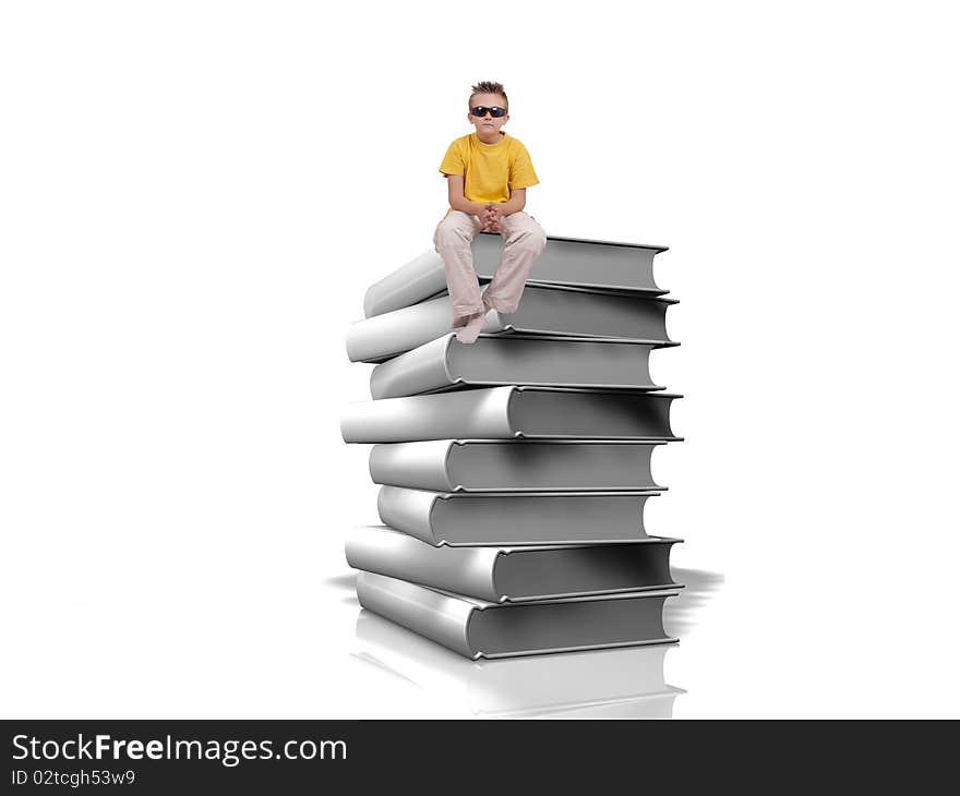 Boy sit on top of pile of white books over white background