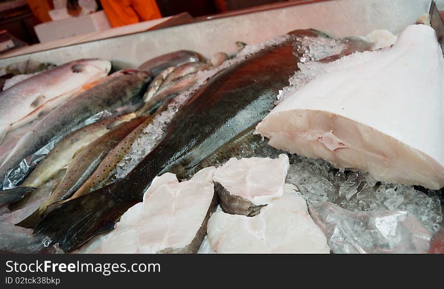 Fish On Ice Counter In Market