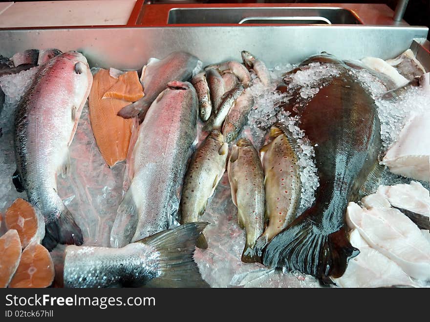 Fish On Ice Counter In Market