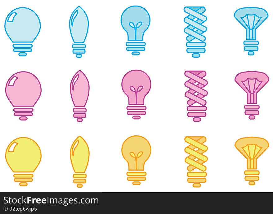 Five light bulbs, made in three colors - yellow, pink and blue