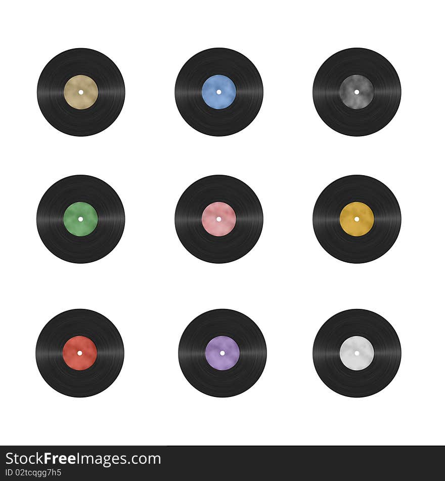 Small photorealistic vinyl record illustrations with multicolored blank labels you can write or draw into. Small photorealistic vinyl record illustrations with multicolored blank labels you can write or draw into.