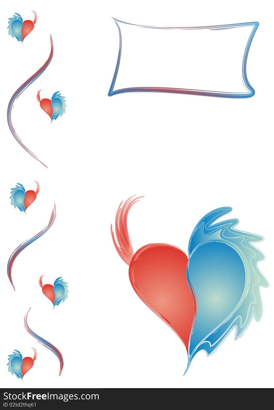 Demon angel heart frame, blue and red hearts