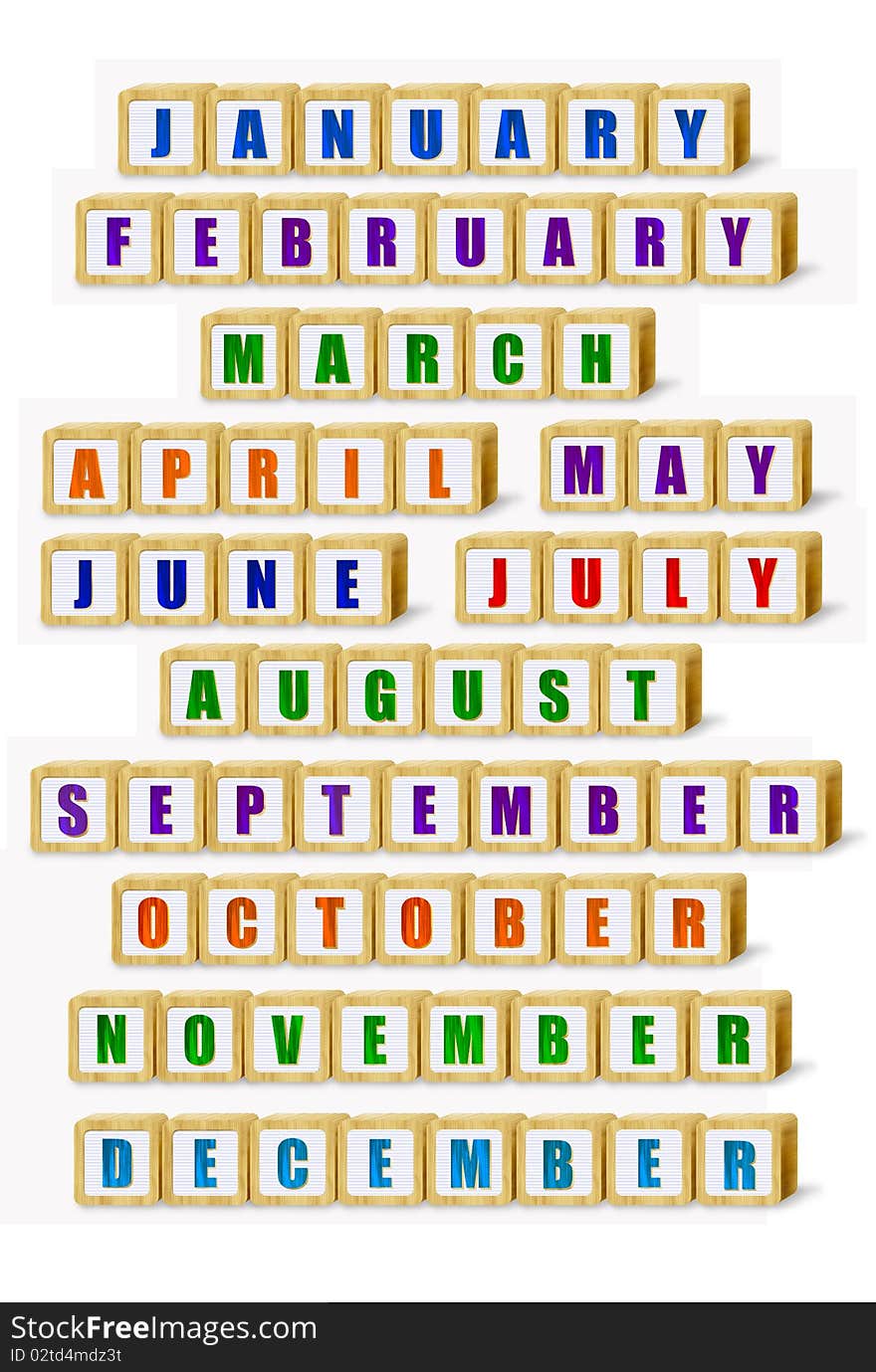 Digital illustration of Months spelled out in wood building blocks isolated on white. Digital illustration of Months spelled out in wood building blocks isolated on white.