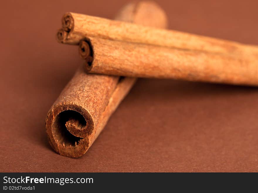 Cinnamon sticks on brown background