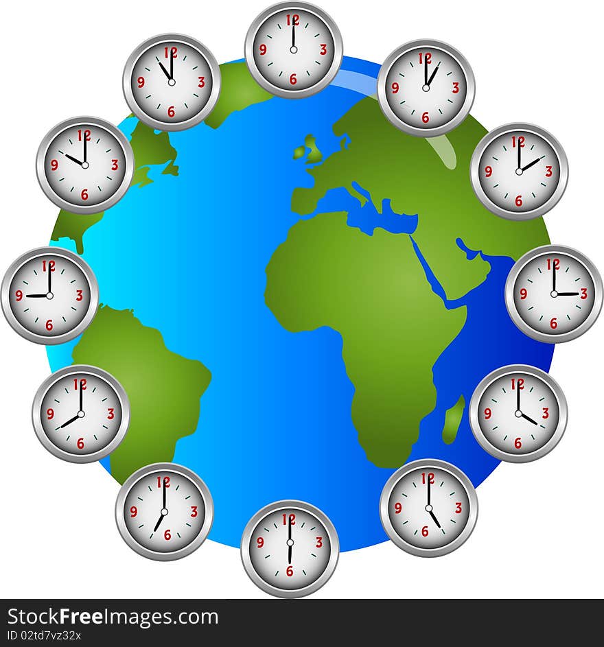 Collection of clocks showing each hour of the day circling a globe illustration. Collection of clocks showing each hour of the day circling a globe illustration