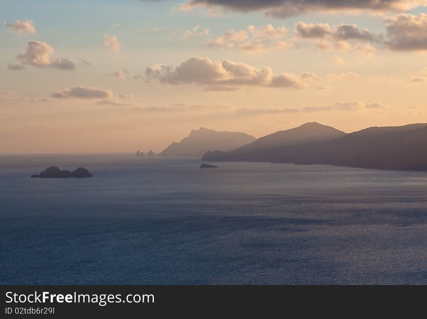 Sunset on the Sorrento Peninsula section of the Amalfi Coast. Sunset on the Sorrento Peninsula section of the Amalfi Coast