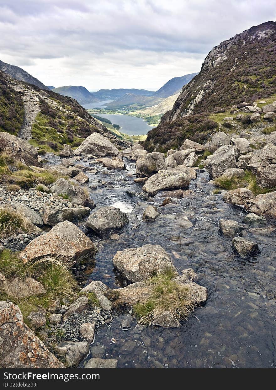 Lake district cumbria mountain view and stream