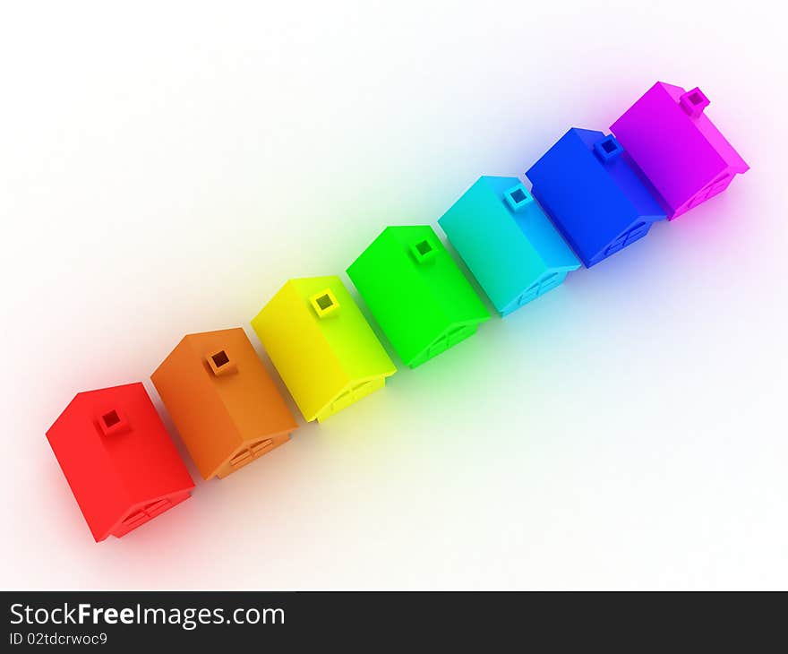 Illustration of some houses in colour rainbows