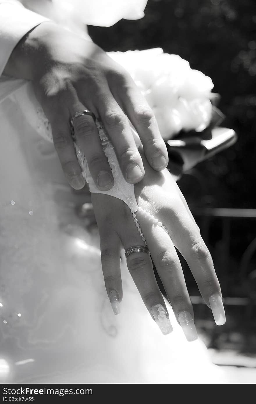 Wedding rings on fingers of the groom and the bride. bw. Wedding rings on fingers of the groom and the bride. bw.