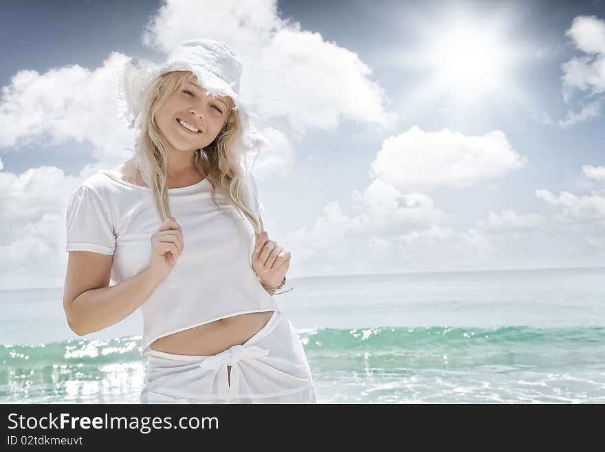 Portrait of nice young woman  having good time on tropical beach. Portrait of nice young woman  having good time on tropical beach