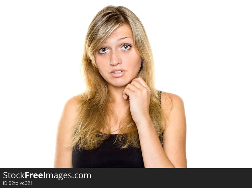 Close-up of a young woman looking surprised on white background