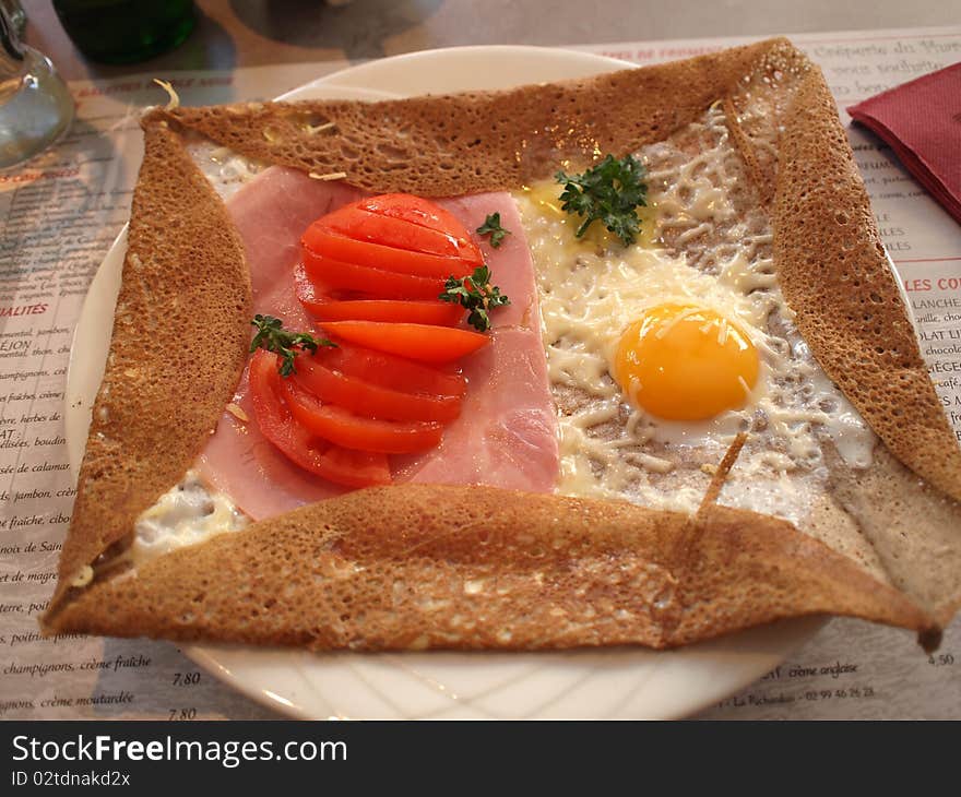 Close up of Pancakes, crep  with tomatoe and egg. Close up of Pancakes, crep  with tomatoe and egg