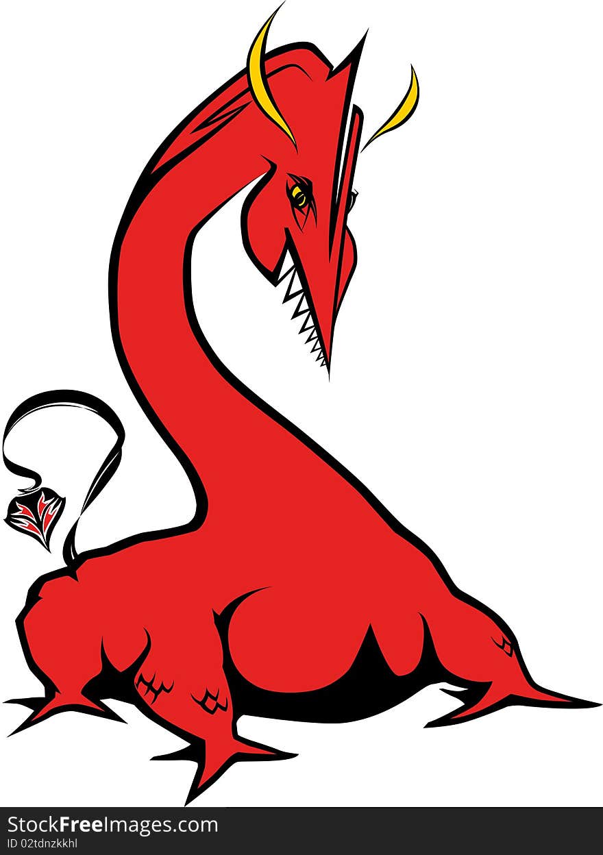 Illustration of red dragon with decorative tail