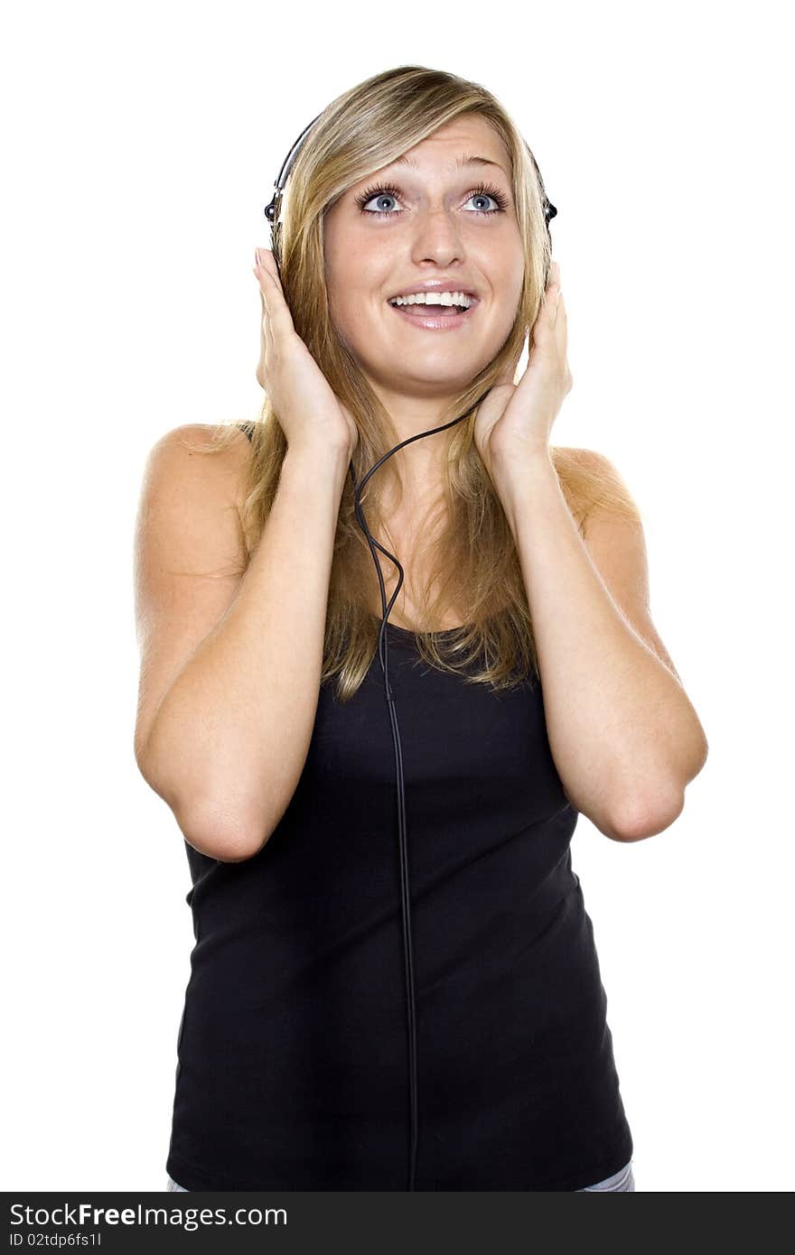 Woman listening to music and singing. Isolated on white background