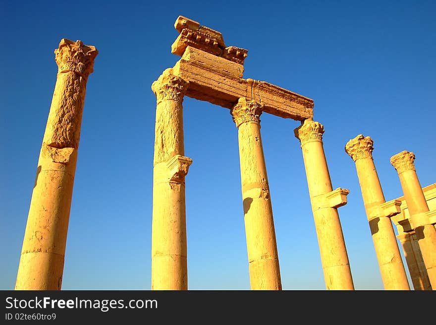 Scenery of the famous site of Palmyra in Syria.Ancient Roman time town in Palmyra (Tadmor), Syria. Greco-Roman & Persian Period. Temple of Bel. Detail