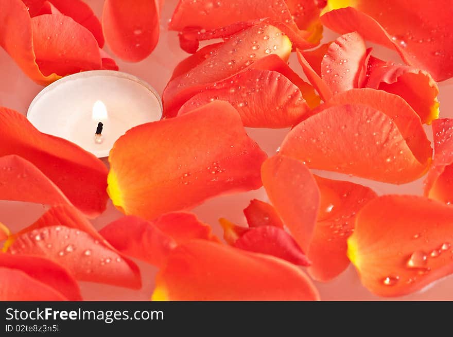 Candle and rose petals in water