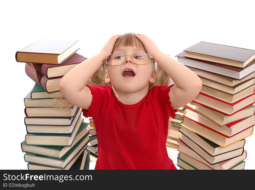 The girl with books isolated on white