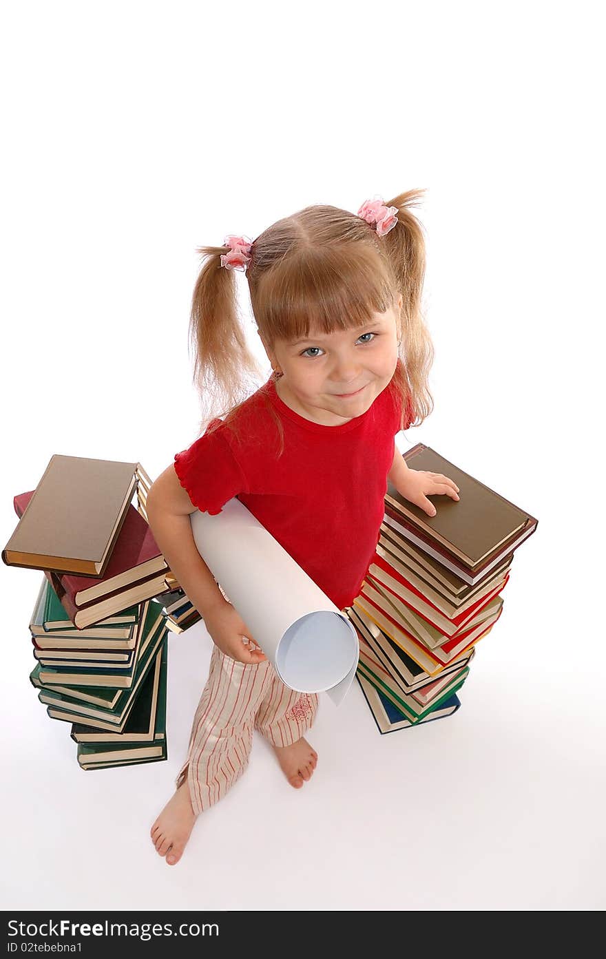 The girl with books on white