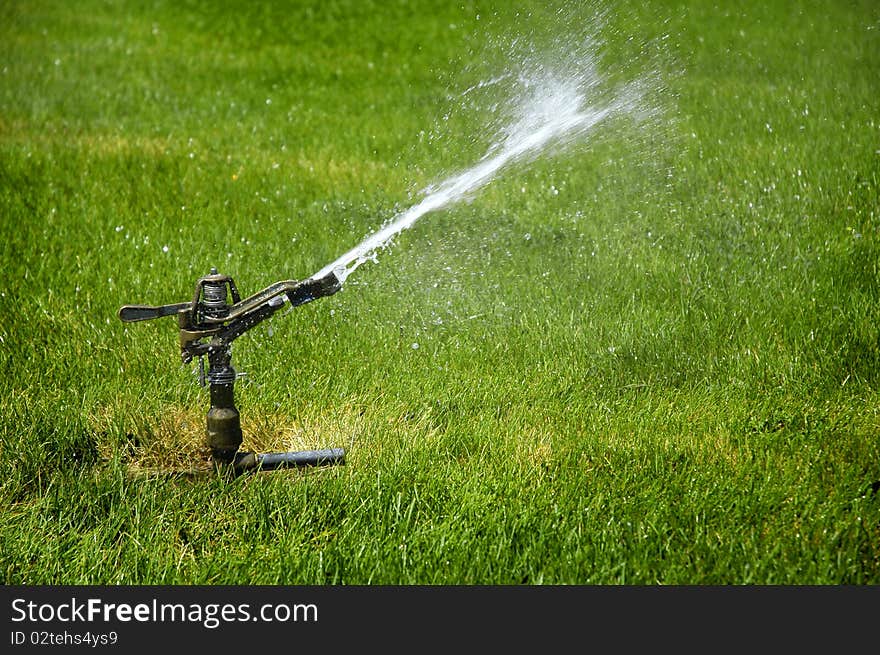 Sprinkler spraying stream of water on lush green grass. Sprinkler spraying stream of water on lush green grass