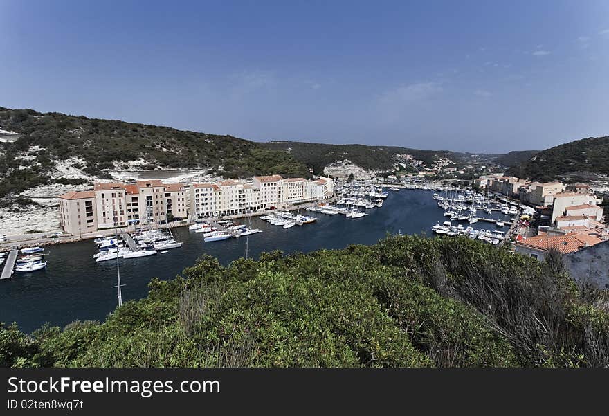 France, Corsica, Bonifacio, panoramic view of the town and the port