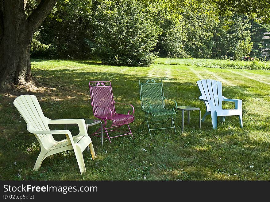 Lawn chairs lined up under large tree in a backyard