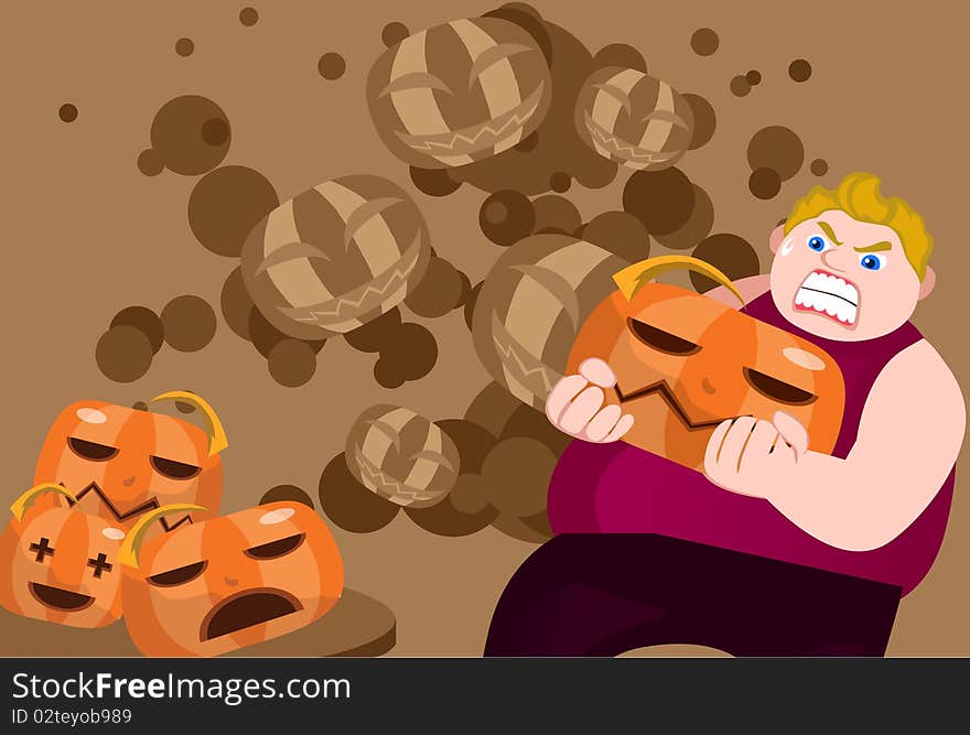 Image of a man who is carrying carving pumpkin on Halloween. Image of a man who is carrying carving pumpkin on Halloween.