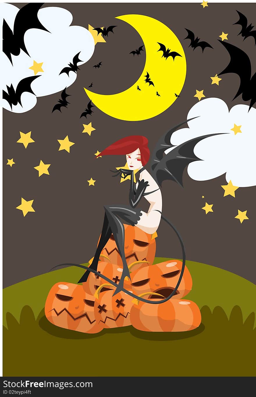 Image of  a sexy devil girl who is sitting on pumpkins in Halloween night. Image of  a sexy devil girl who is sitting on pumpkins in Halloween night.