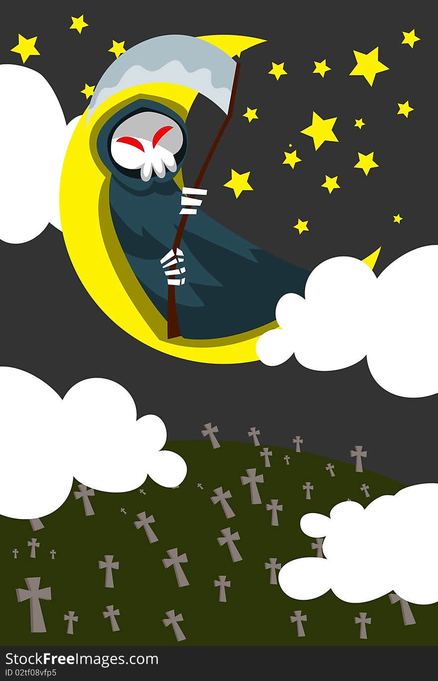 Image of a devil who is sitting on a crescent moon in Halloween night. Image of a devil who is sitting on a crescent moon in Halloween night.