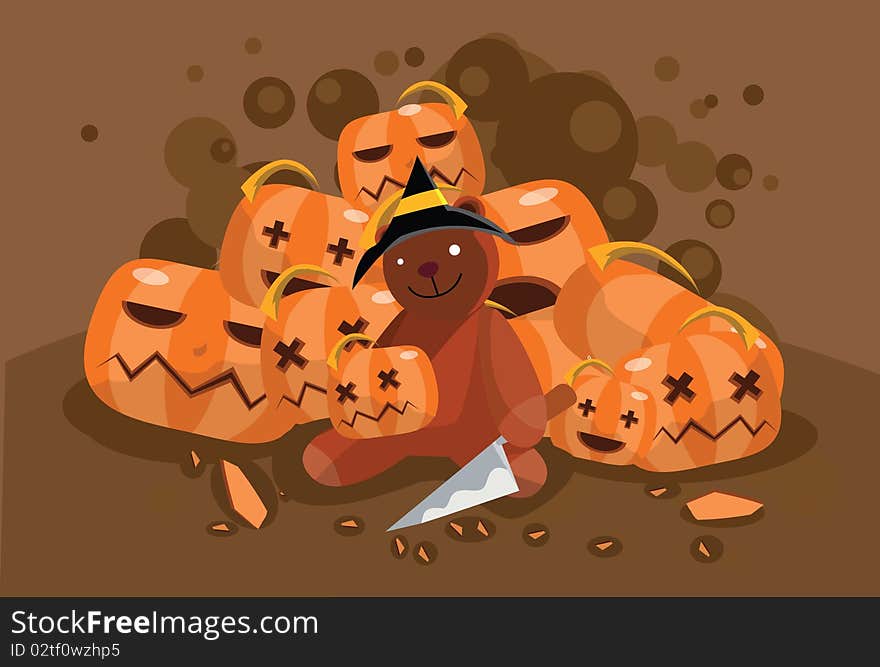 Image of a teddy bear who is carving pumpkin on Halloween night. Image of a teddy bear who is carving pumpkin on Halloween night.