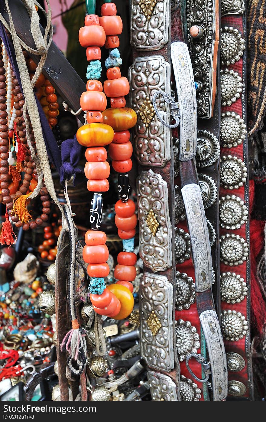 Jokhang Temple in Tibet side Balangjie Street sold jewelry. Jokhang Temple in Tibet side Balangjie Street sold jewelry.