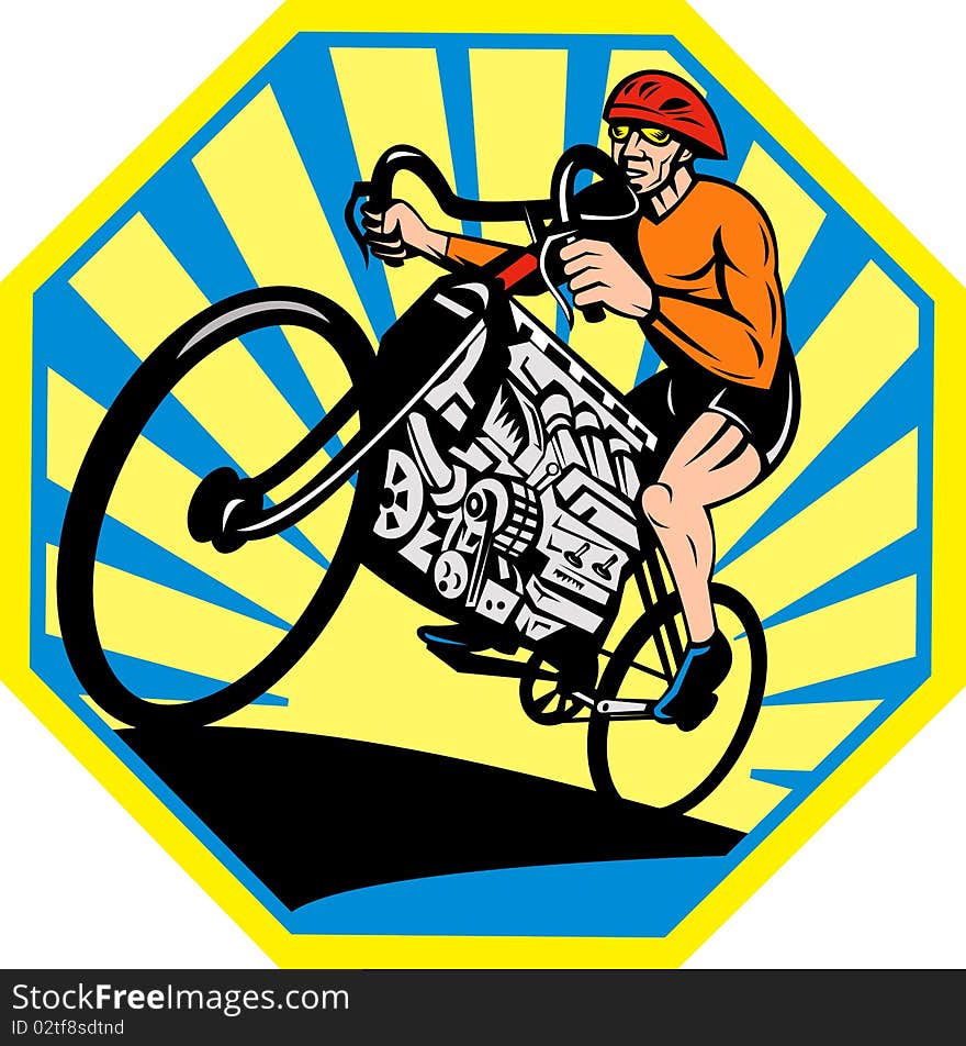 Graphic design illustration of a Cyclist riding racing bicycle with v8 car engine set inside an octagon with sunburst in background viewed from low angle. Graphic design illustration of a Cyclist riding racing bicycle with v8 car engine set inside an octagon with sunburst in background viewed from low angle