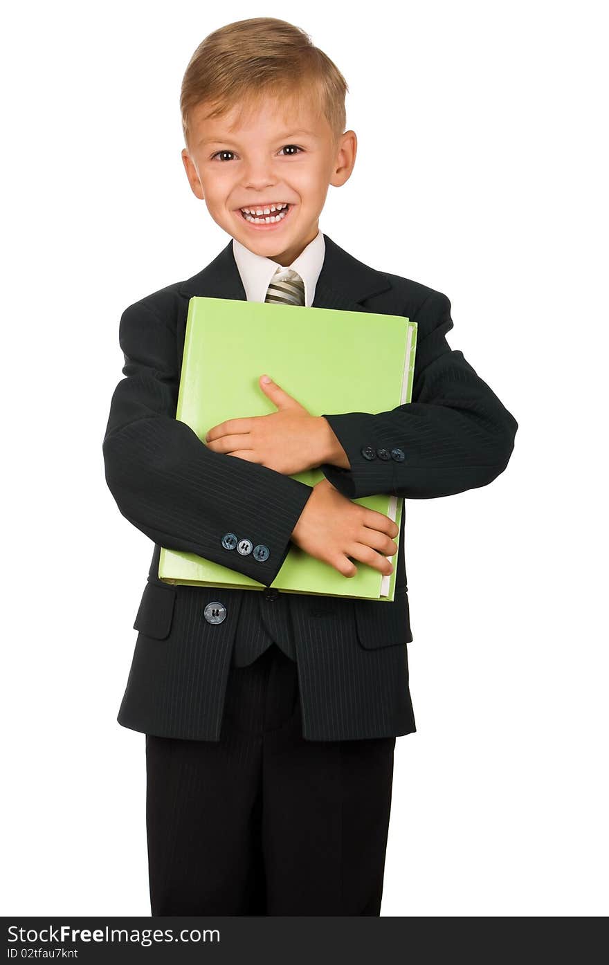 Boy in suit with book isolated on white background. Beautiful caucasian model.