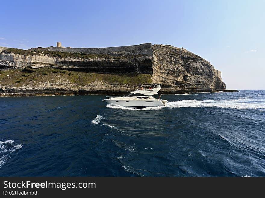 France, Corsica, Bonifacio, the rocky coastline at the entrance of the port. France, Corsica, Bonifacio, the rocky coastline at the entrance of the port