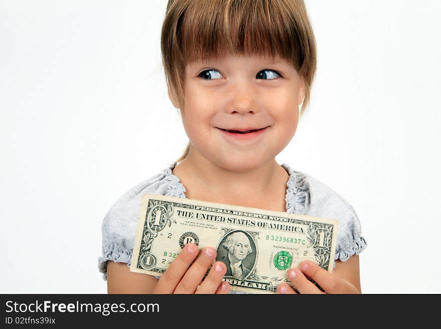 The cunning girl with dollar in hands