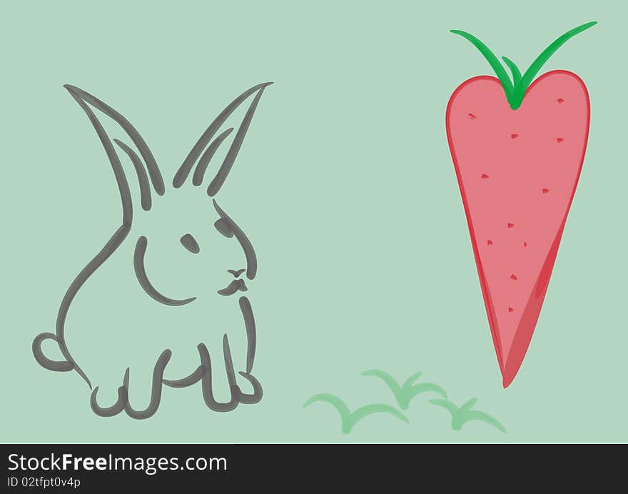 Rabbit with carrot on the light green background